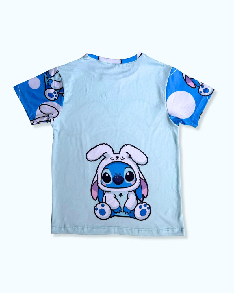 Pijama de Stich para niñas | Conjunto de 2 piezas en tela piel de durazno con diseño de conejito