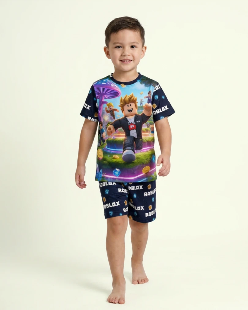 Niño usando pijama infantil de Roblox de manga corta con pantaloneta.